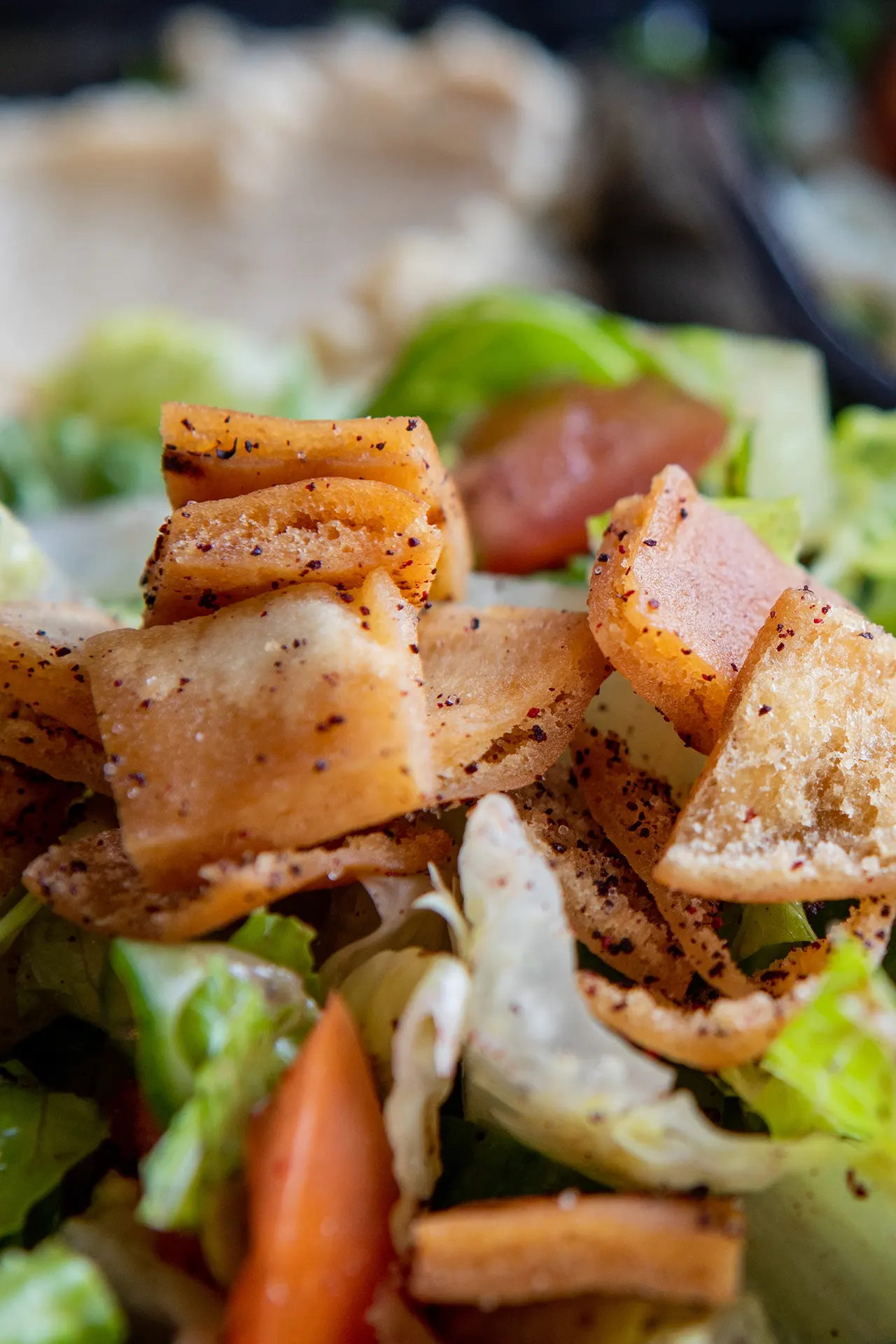 A Fattoush Salad is placed up close. It is topped with Golden Brown pita chips. 